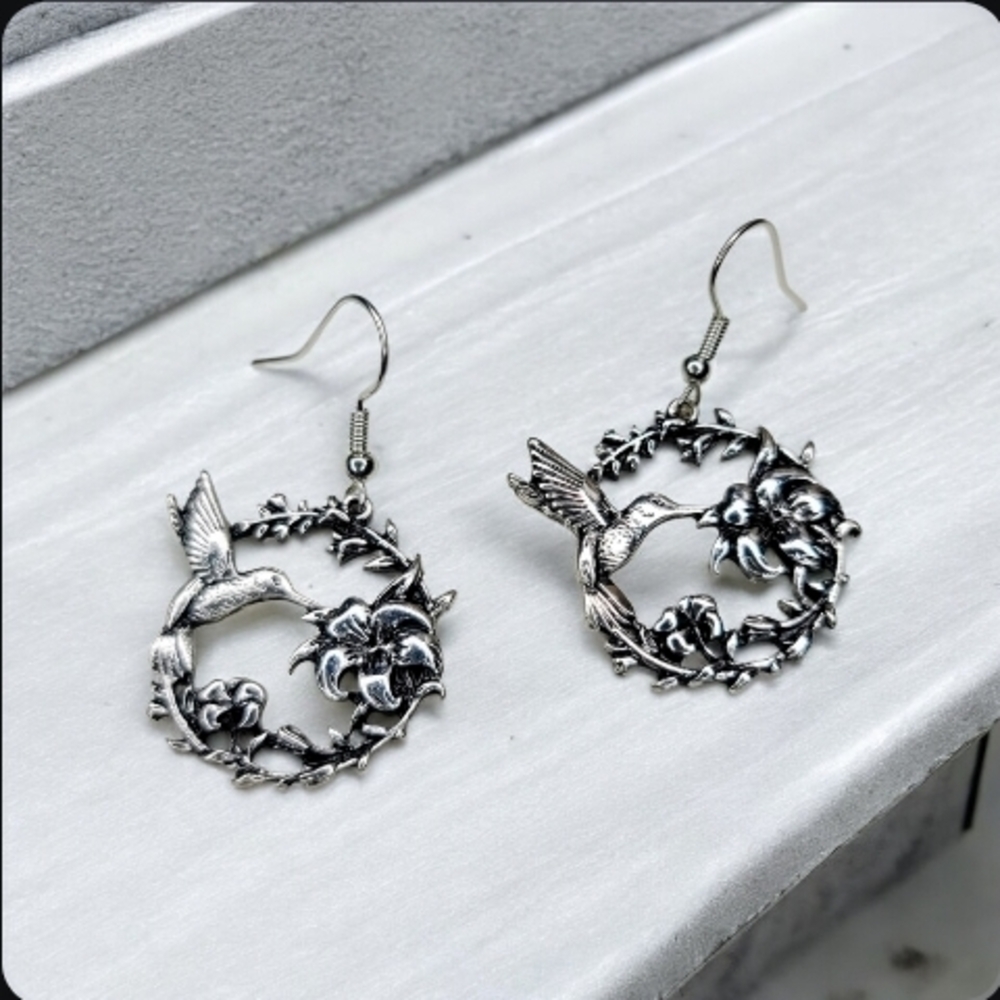 Silver Hummingbird Floral Earrings